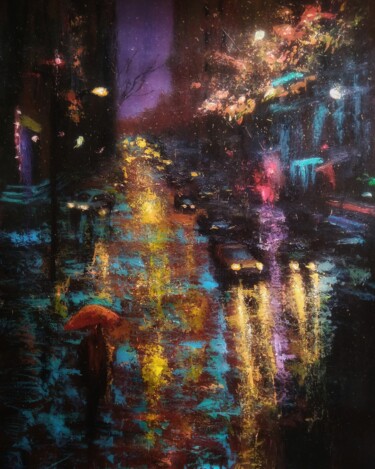 Painting titled "My rainy night stre…" by Sasha Brisac, Original Artwork, Acrylic