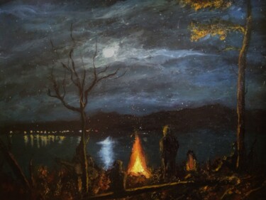 Malerei mit dem Titel "Campfire under full…" von Sasha Brisac, Original-Kunstwerk, Acryl