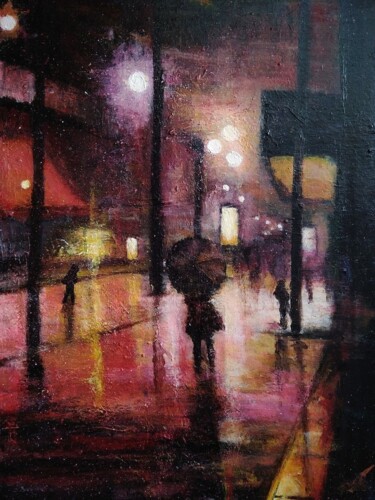 Painting titled "Rainy night" by Sasha Brisac, Original Artwork, Acrylic