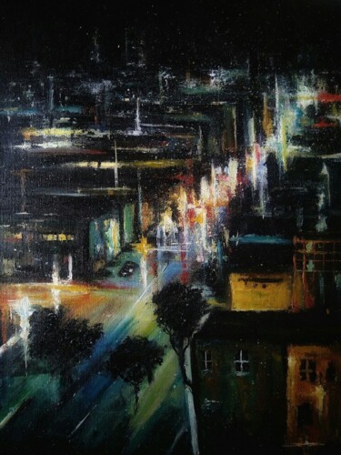 Pintura intitulada "Night cityscape" por Sasha Brisac, Obras de arte originais, Acrílico