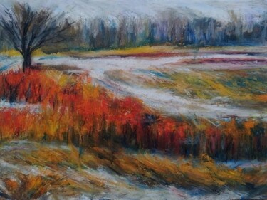 Malerei mit dem Titel "Autumn snowy field" von Sasha Brisac, Original-Kunstwerk, Pastell