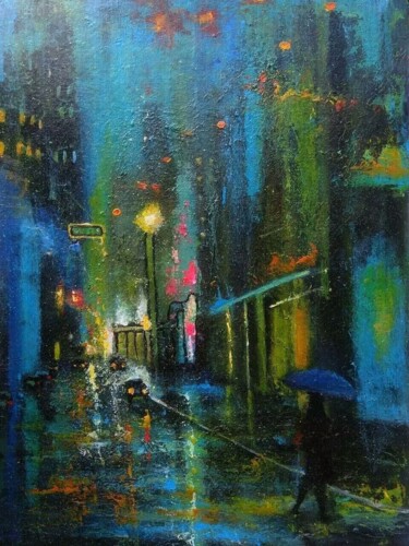 Malarstwo zatytułowany „Rainy city night” autorstwa Sasha Brisac, Oryginalna praca, Akryl