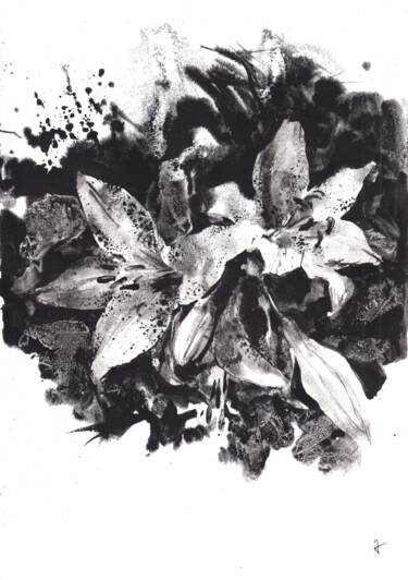 Disegno intitolato "white lilies" da Sasha Kashanskaya, Opera d'arte originale, Inchiostro