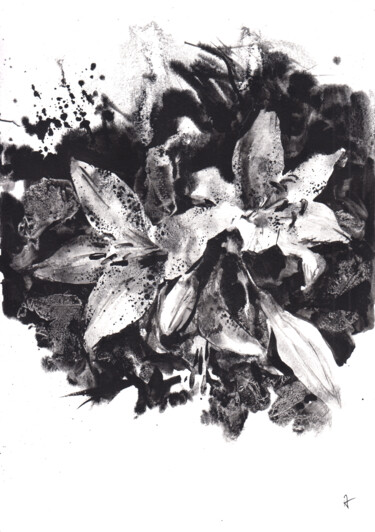 Dessin intitulée "white lilies" par Sasha Kashanskaya, Œuvre d'art originale, Encre