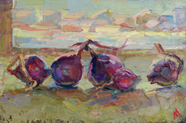 Red onion on the winter window Painting titled "Red onion on the wi…" by Sasha Manzha, Original Art, Oil