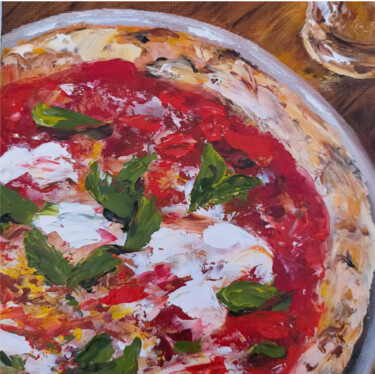 Painting titled "Pizza Margherita" by Sasha Savona, Original Artwork, Oil Mounted on Cardboard