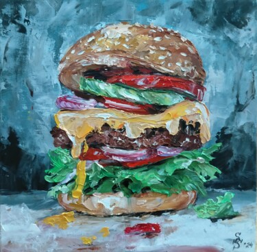 Pintura intitulada "Cheeseburger 2" por Sasha Savona, Obras de arte originais, Óleo Montado em Cartão