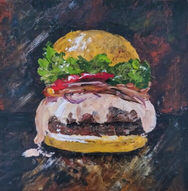 「Cheeseburger」というタイトルの絵画 Sasha Savonaによって, オリジナルのアートワーク, オイル 段ボールにマウント