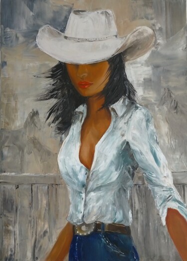 Painting titled "Cowgirl" by Sasha Savona, Original Artwork, Oil Mounted on Wood Stretcher frame