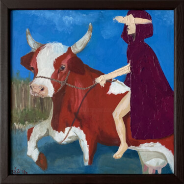 Malerei mit dem Titel "Bathing the red cow…" von Sasha Snegir, Original-Kunstwerk, Öl Auf Karton montiert