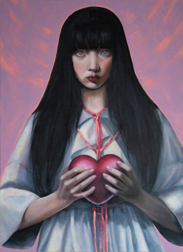 Painting titled "Japanese schoolgirl…" by Sasha Sol, Original Artwork, Oil Mounted on Wood Stretcher frame