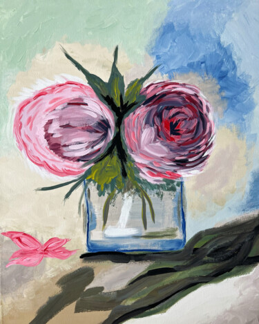 Painting titled "Peonies in a Glass…" by Nezabyvaemo, Original Artwork, Acrylic