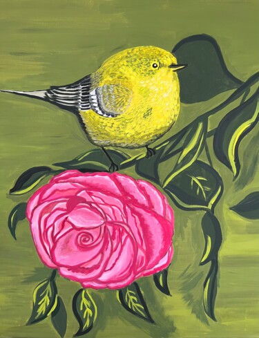 Painting titled "A warbler and a rose" by Nezabyvaemo, Original Artwork, Acrylic