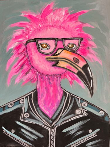 Ζωγραφική με τίτλο "Punk Rock Flamingo" από Nezabyvaemo, Αυθεντικά έργα τέχνης, Ακρυλικό