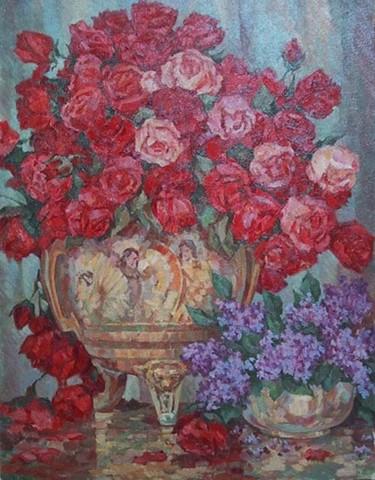 Картина под названием "Roses in Antique va…" - Aleksander Fesechko (Sasha), Подлинное произведение искусства