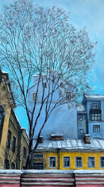 Painting titled "Winter in the city" by Aleksandra Podosinovik, Original Artwork, Acrylic Mounted on Wood Stretcher frame