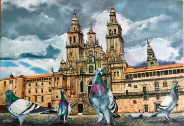 Painting titled "Palomas de Santiago" by Jose Antonio Zafra López, Original Artwork, Oil