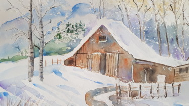 Painting titled "Paysage d hiver" by Françoise Pinton Platen, Original Artwork, Watercolor