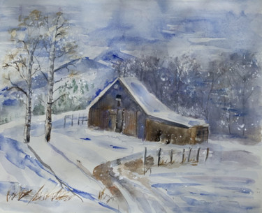 Schilderij getiteld "paysage d'hiver 43X…" door Françoise Pinton Platen, Origineel Kunstwerk, Aquarel