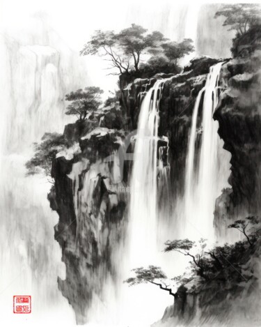 Pintura intitulada "Waterfall 5.2461 No…" por Satori No Michi, Obras de arte originais, Aquarela