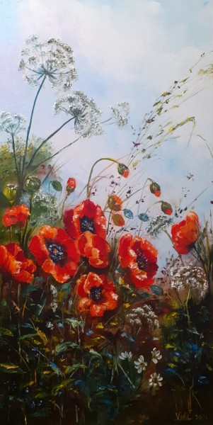 Peinture intitulée "Маки в траве." par Elena Kheveleva, Œuvre d'art originale, Huile