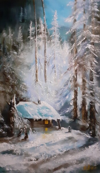 Painting titled "В зимнем лесу." by Elena Kheveleva, Original Artwork, Oil