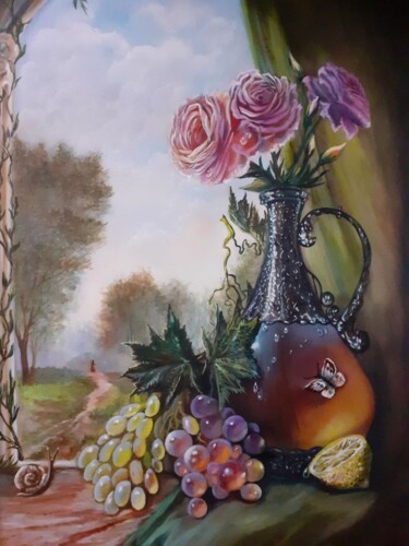 Картина под названием "Фламандский натюрмо…" - Елена Хевелева, Подлинное произведение искусства, Масло Установлен на Деревян…