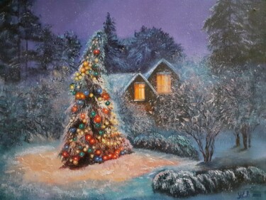 Картина под названием "Рождественская елка." - Елена Хевелева, Подлинное произведение искусства, Масло Установлен на Деревян…