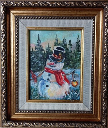 Картина под названием "Снеговик." - Елена Хевелева, Подлинное произведение искусства, Масло Установлен на Другая жесткая пан…