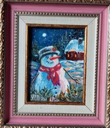 Painting titled "Snowman." by Elena Kheveleva, Original Artwork, Oil Mounted on Other rigid panel