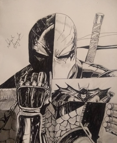 Drawing titled "Deathstroke and Bat…" by Satwik Sengupta, Original Artwork, Pencil Mounted on Cardboard