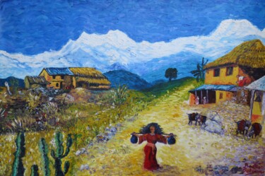 Painting titled ""Nepali Village"" by Satyam Art, Original Artwork, Acrylic