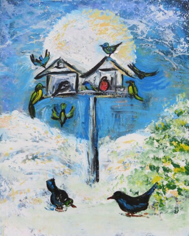 Malerei mit dem Titel ""Vogelhäuschen"" von Satyam Art, Original-Kunstwerk, Acryl