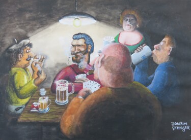 Malerei mit dem Titel ""Stammtisch!"" von Satyam Art, Original-Kunstwerk, Aquarell