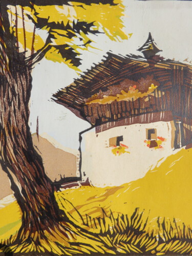 Peinture intitulée ""Die Berghütte"" par Satyam Art, Œuvre d'art originale, Xylographie