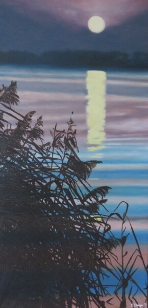 Malerei mit dem Titel ""Nachts am See"" von Satyam Art, Original-Kunstwerk, Acryl