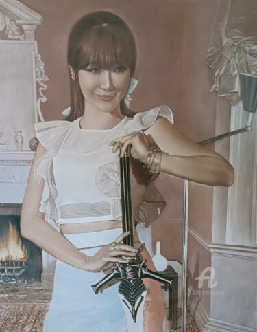 绘画 标题为“拿古剑的女孩” 由张志国, 原创艺术品, 油