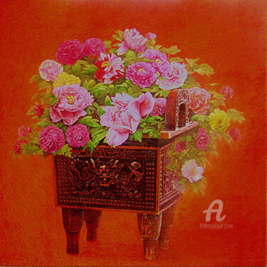 Painting titled "鼎盛 富贵 吉祥" by Zhang Zhi Guo, Original Artwork, Tempera