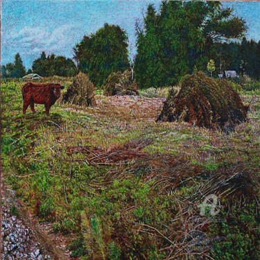 绘画 标题为“牛与草场” 由张志国, 原创艺术品, 彩画