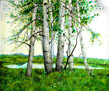 绘画 标题为“春天的白桦树” 由张志国, 原创艺术品, 彩画