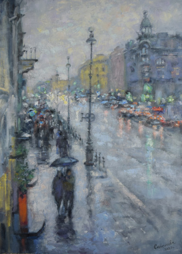 Pittura intitolato "Petersburg Rain Cit…" da Natalya Savenkova, Opera d'arte originale, Olio