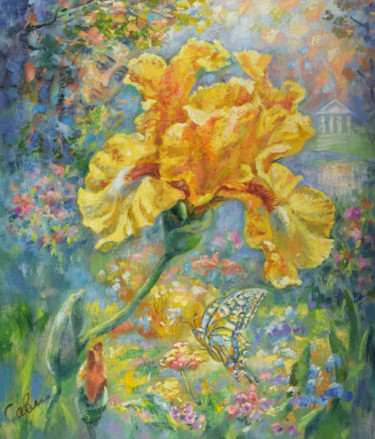 Schilderij getiteld "Iris Butterfly Orig…" door Natalya Savenkova, Origineel Kunstwerk, Olie