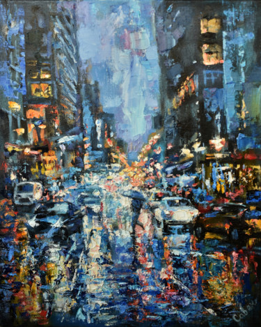 Peinture intitulée "Нью-Йорк ночью в до…" par Natalya Savenkova, Œuvre d'art originale, Huile