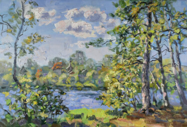 Pittura intitolato "Lake Landscape Tree…" da Natalya Savenkova, Opera d'arte originale, Olio