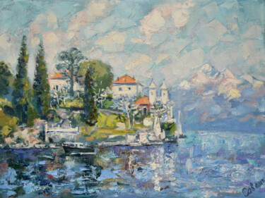 Painting titled "Italy Painting Lake…" by Natalya Savenkova, Original Artwork, Oil