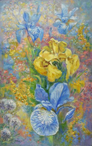 Картина под названием "Irises Painting Flo…" - Natalya Savenkova, Подлинное произведение искусства, Масло