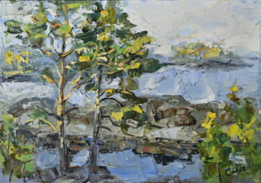 Pittura intitolato "Lake Painting Lands…" da Natalya Savenkova, Opera d'arte originale, Olio
