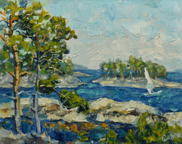 Malerei mit dem Titel "Lake Painting Lands…" von Natalya Savenkova, Original-Kunstwerk, Öl