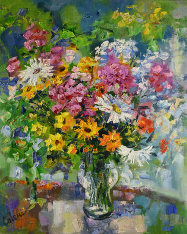 Painting titled "Sunny Bouquet Paint…" by Natalya Savenkova, Original Artwork, Oil