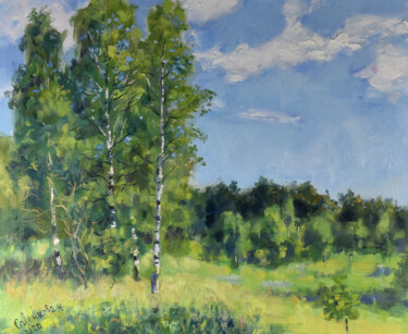 Painting titled "Birch Painting Land…" by Natalya Savenkova, Original Artwork, Oil